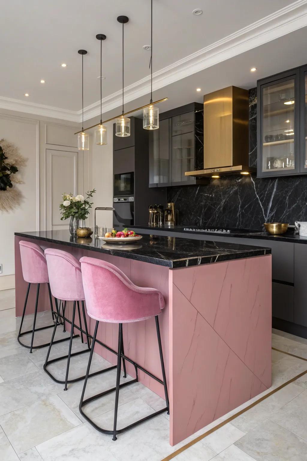 An island in rose serves as the focal point in the kitchen, blending elegance with functionality.