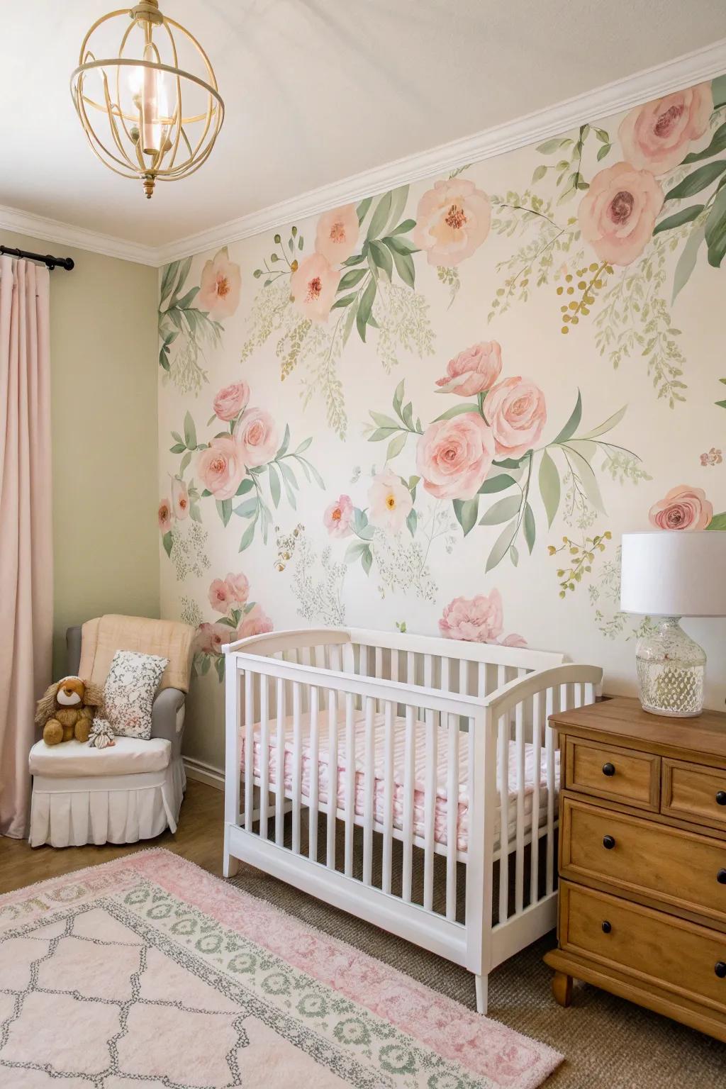 A decorative feature wall provides an elegant touch to the nursery d&eacute;cor.