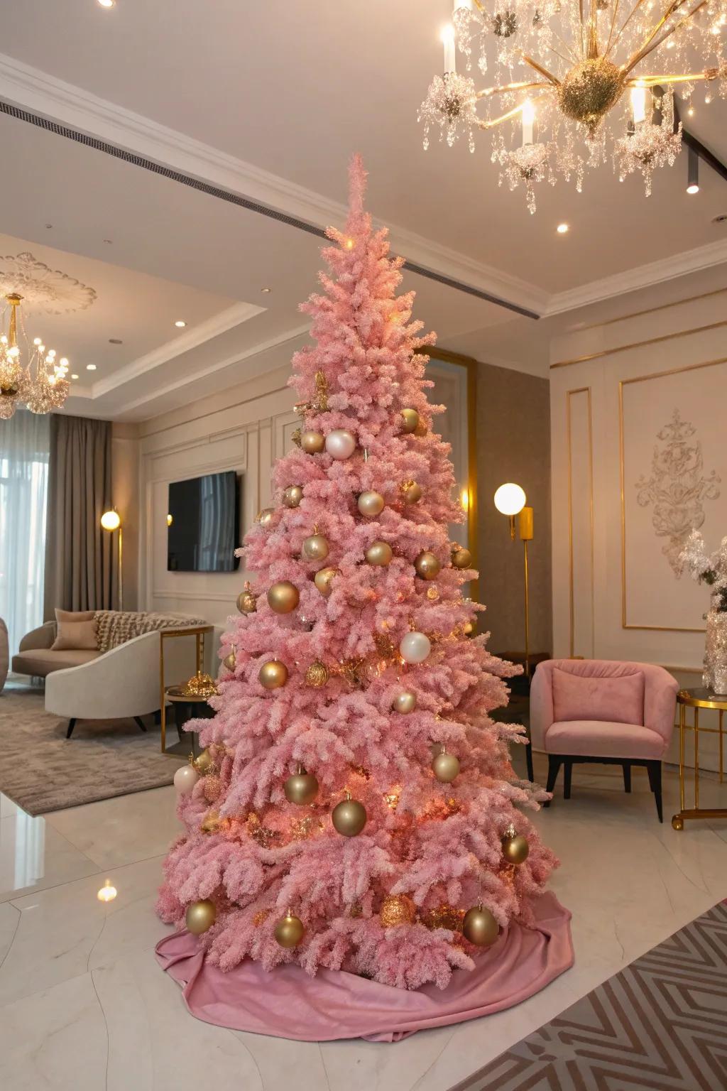 Gold accents highlight the sophistication of a pink Christmas tree.