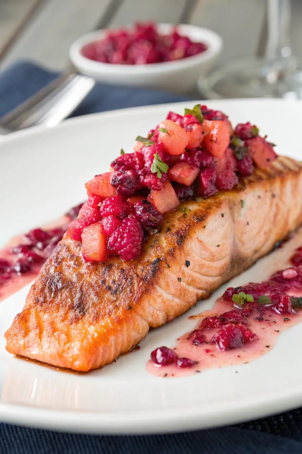 Salmon served with pink berry salsa introduces a gourmet touch to your dinner.