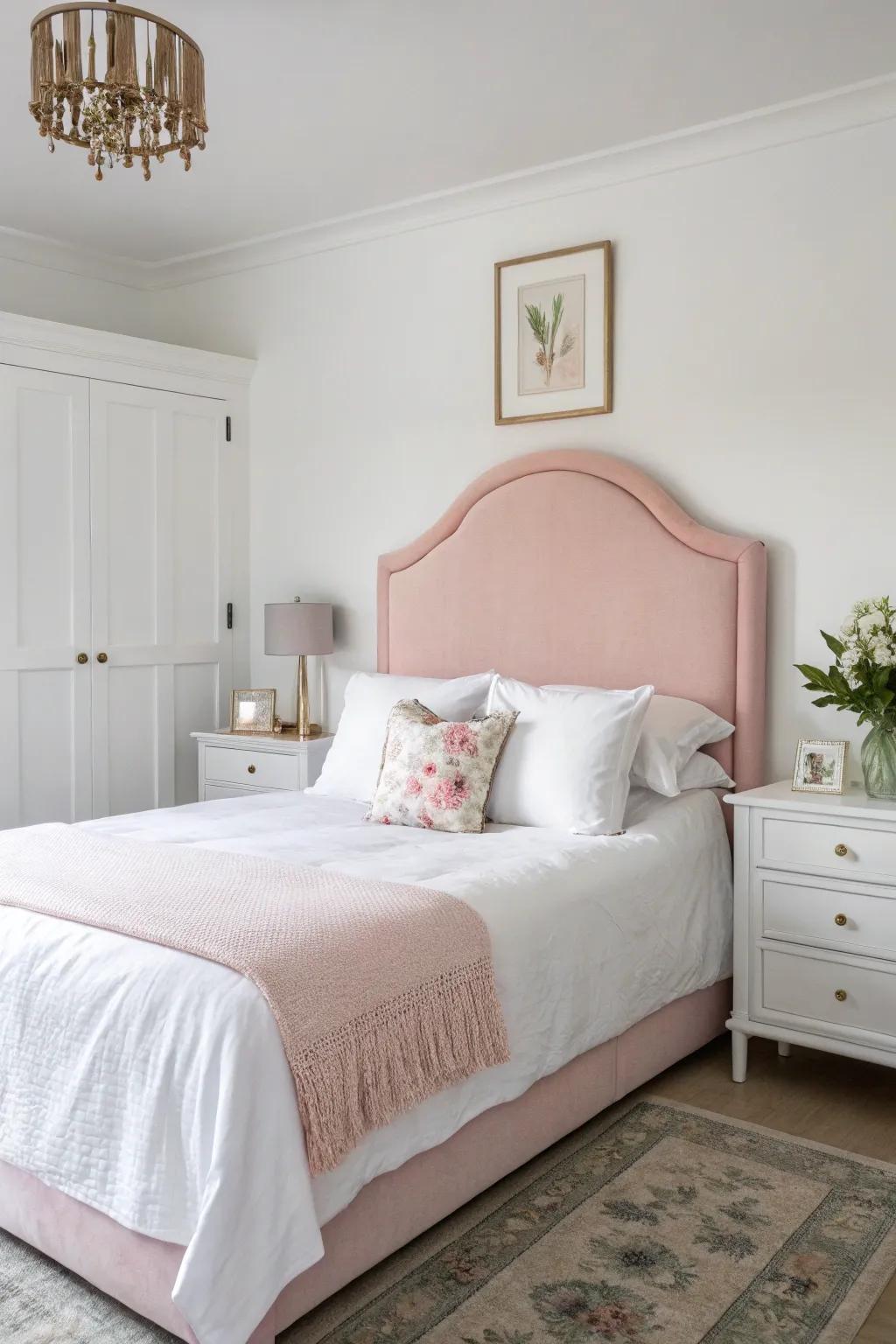 A tranquil bedroom featuring a soft pastel pink headboard.