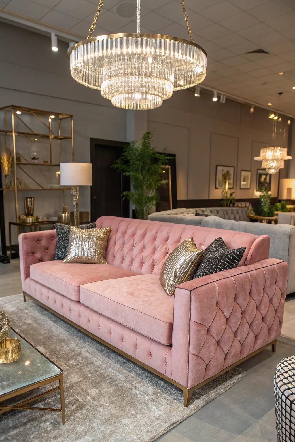 A pink velvet sofa adds a touch of luxury and elegance.