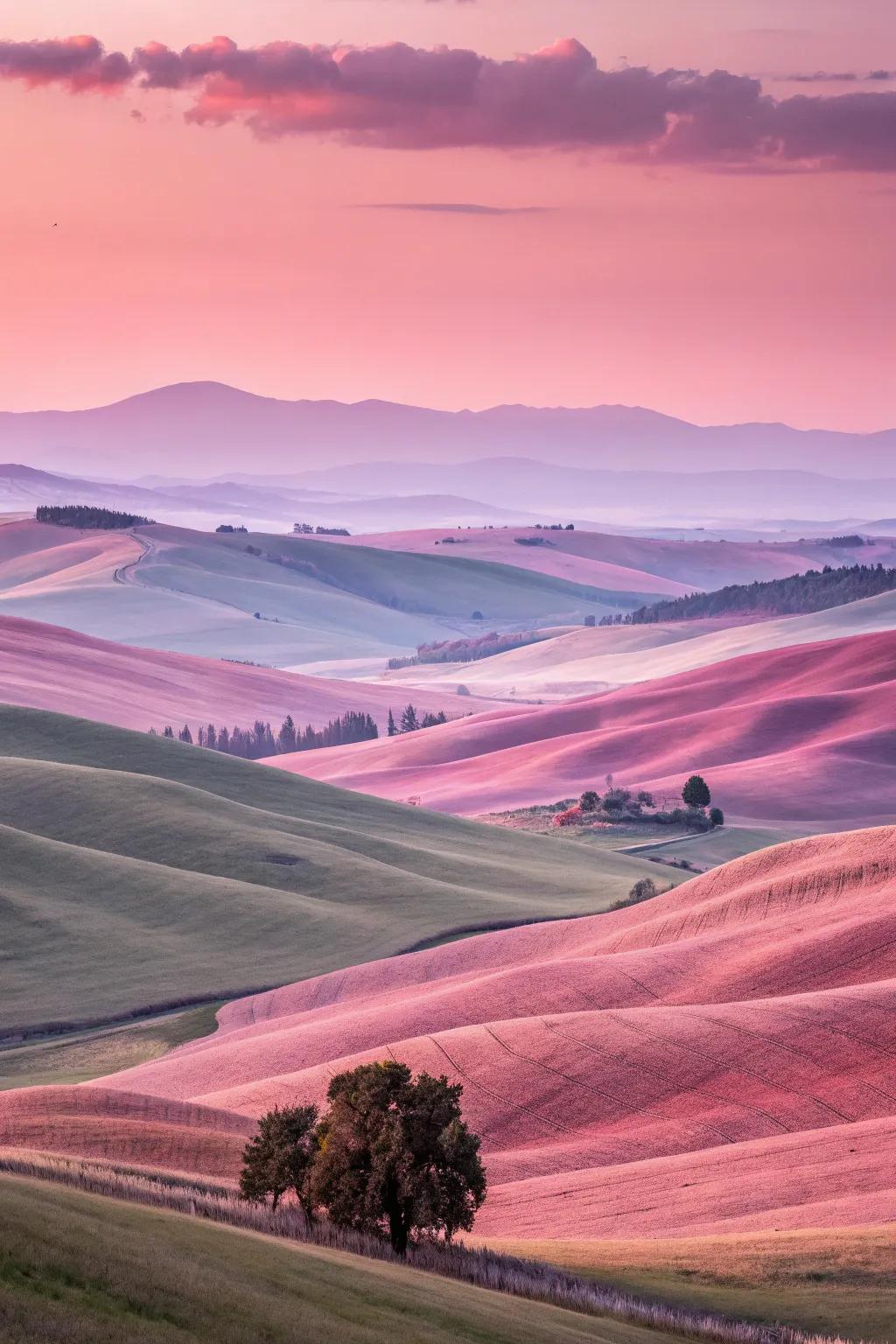 A dreamy landscape featuring soft pink-colored hills.
