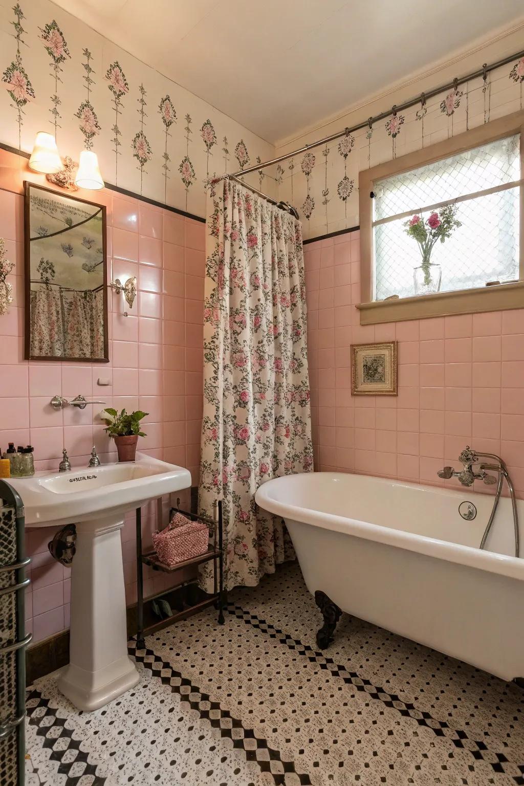 A bathroom with a vintage feel showcasing charming rose-tinted tiles.
