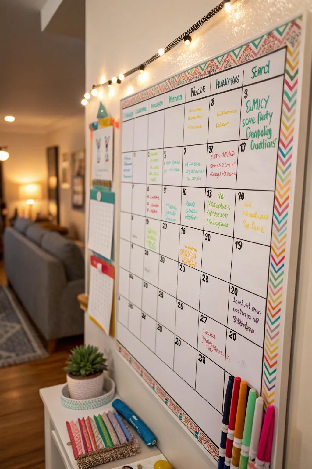 Keep your family organized with a colorful whiteboard calendar.