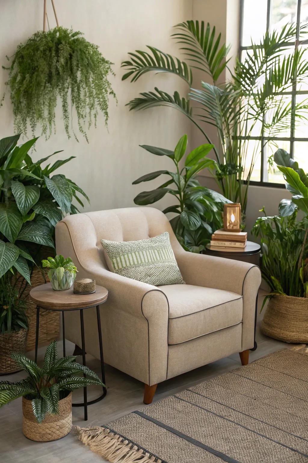 A cozy plant-filled seating area for relaxation.