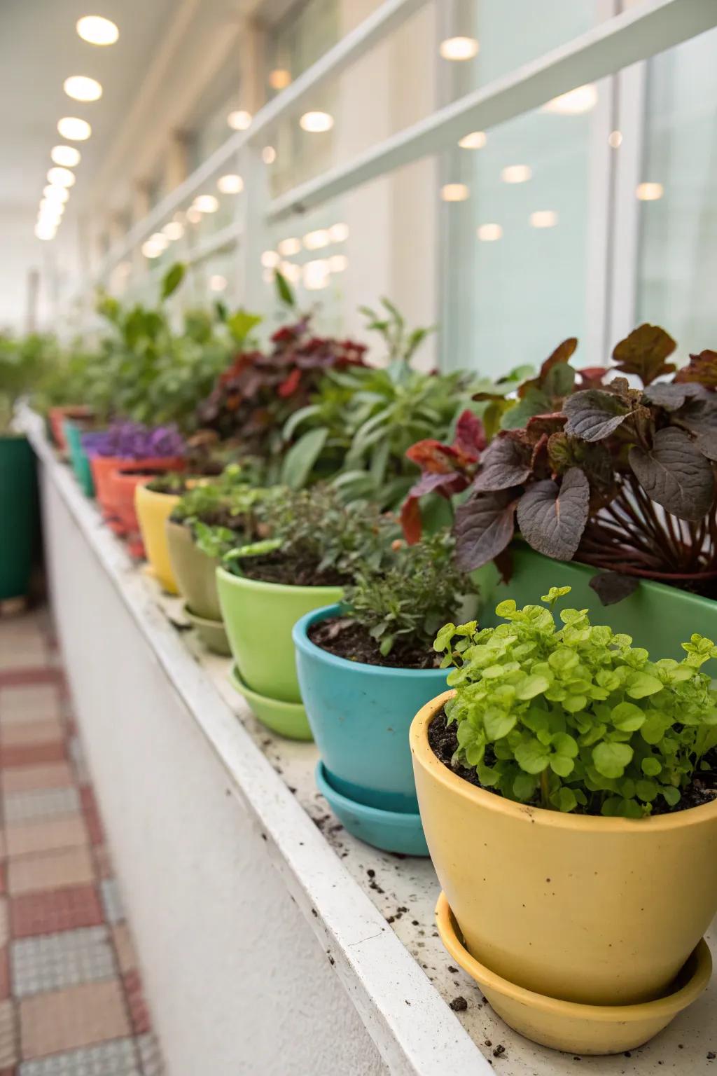 Bright earthenware pots impart a playful essence onto this plant ledge.