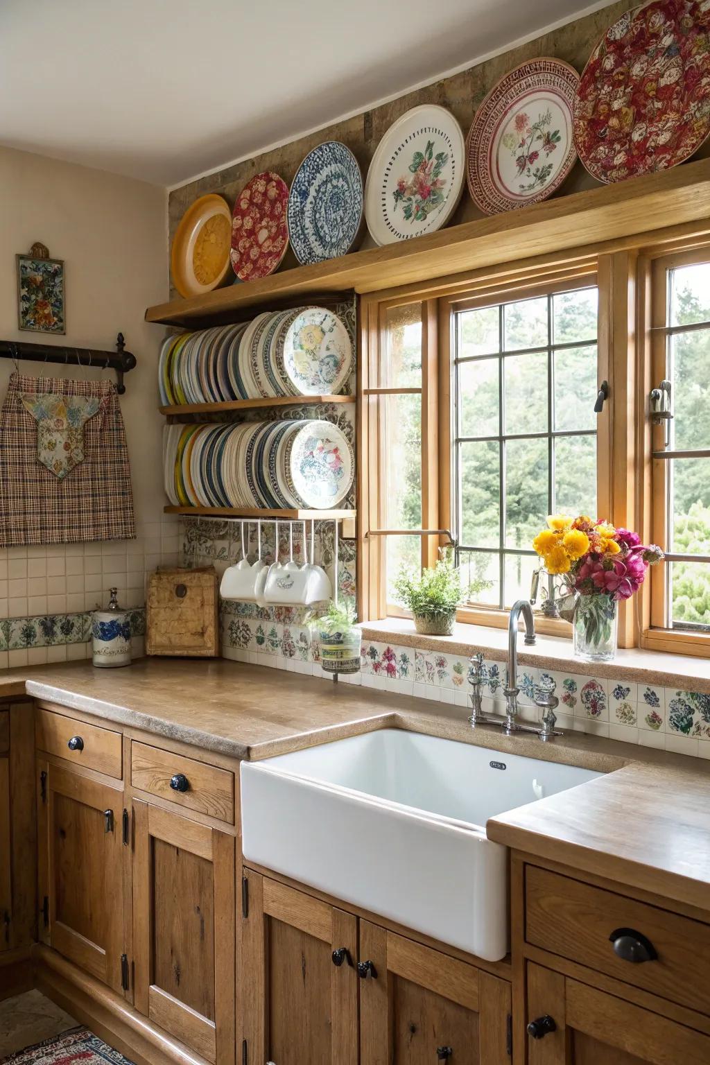 A delightful kitchen featuring a functional plate rail display