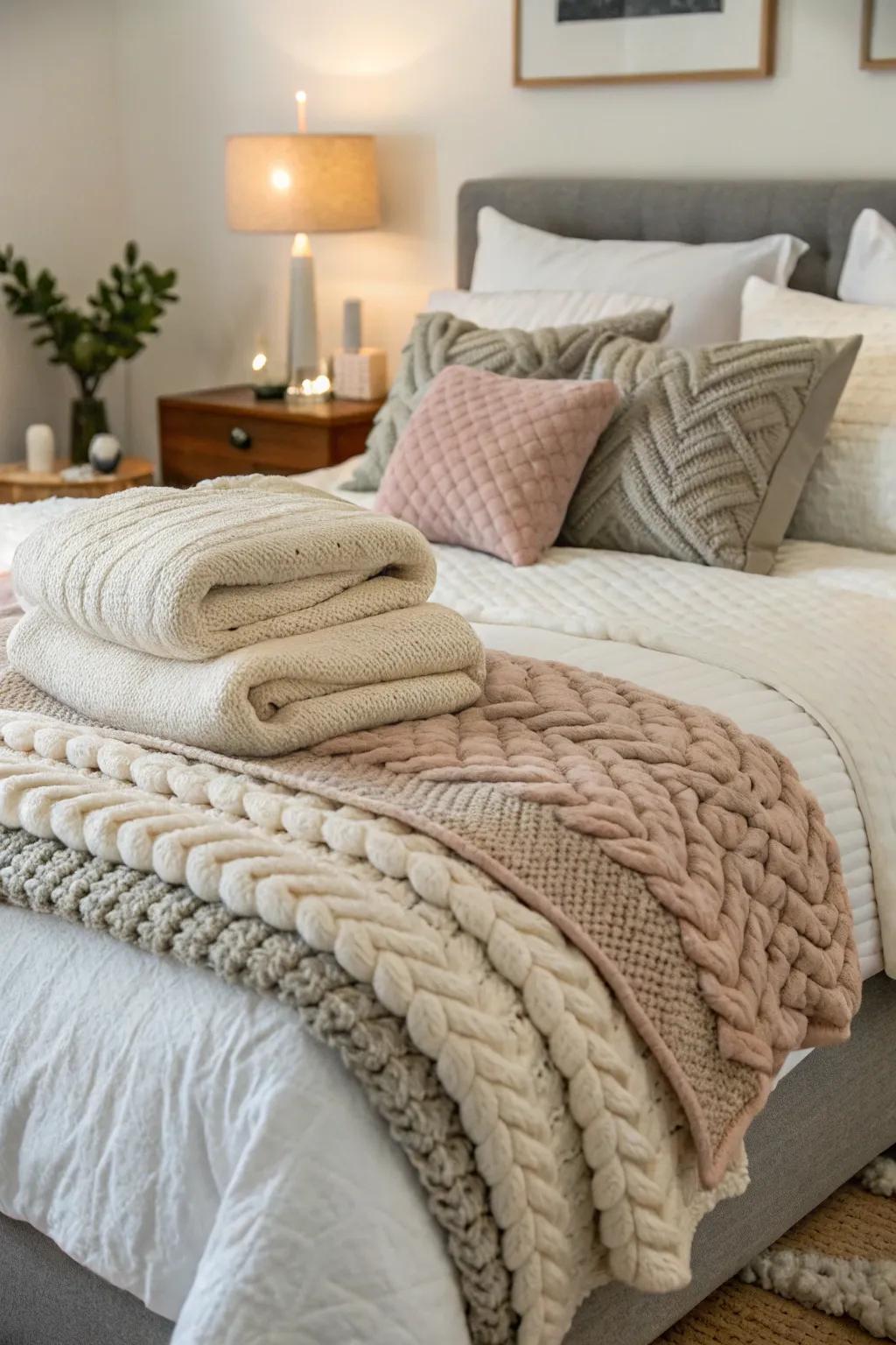 Layered bedding transforms a bed into a plush retreat.