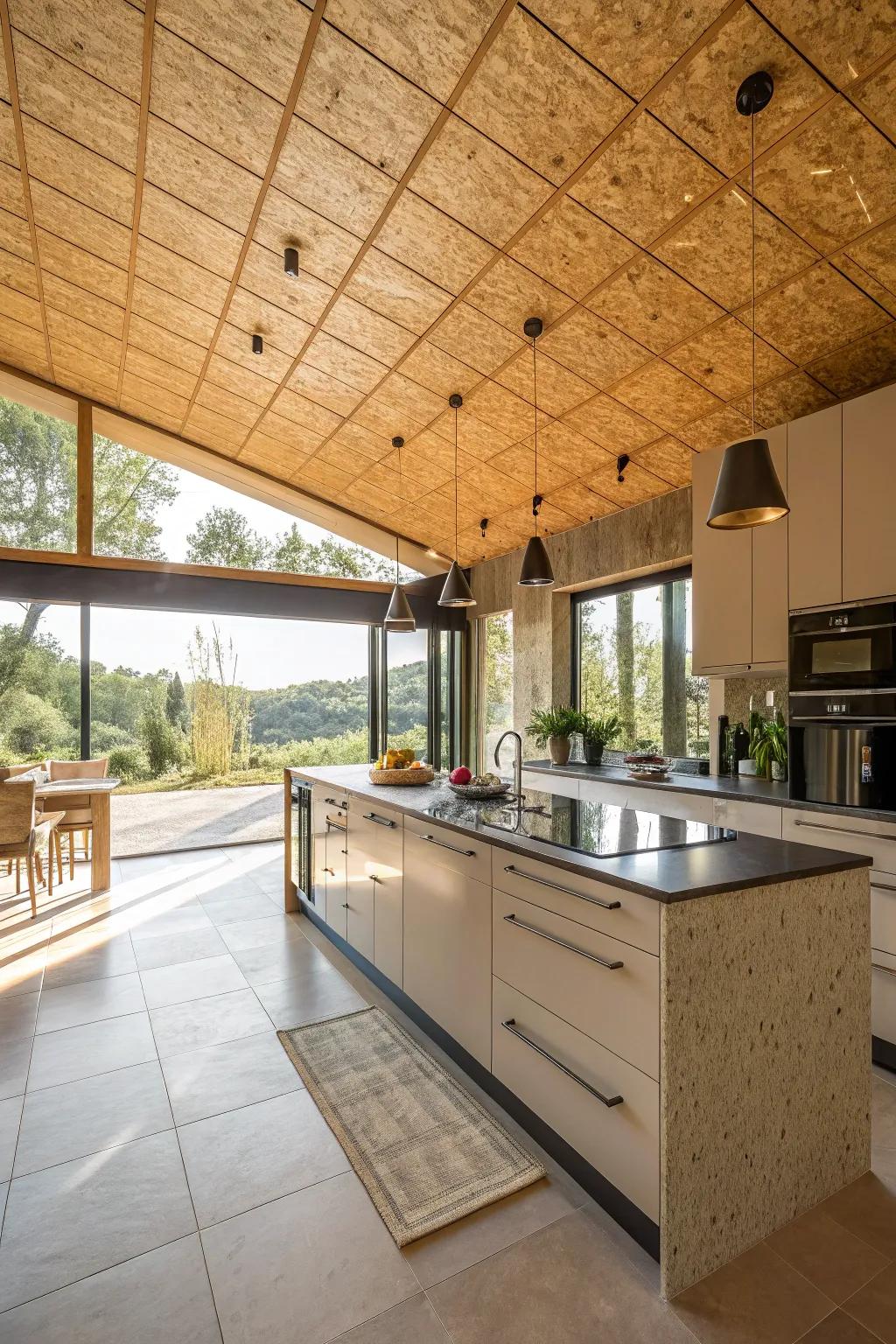 An open kitchen design in which the plywood ceiling enhances the space's appeal and unity.