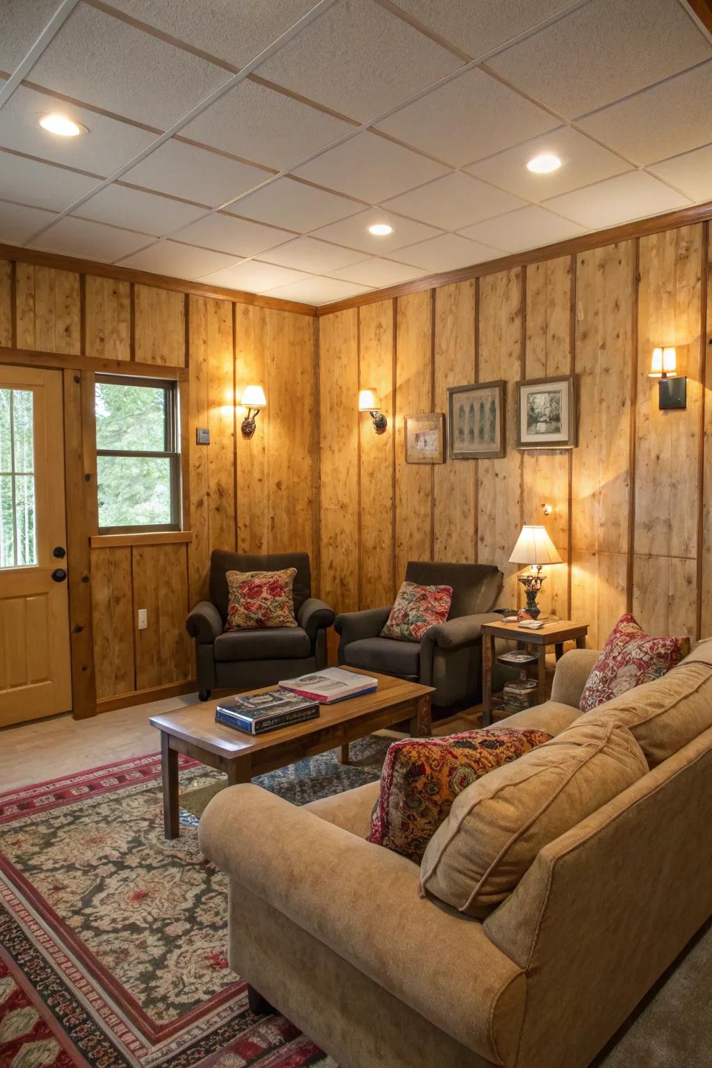 Laminated wood paneling gives a cozy feel to any space.