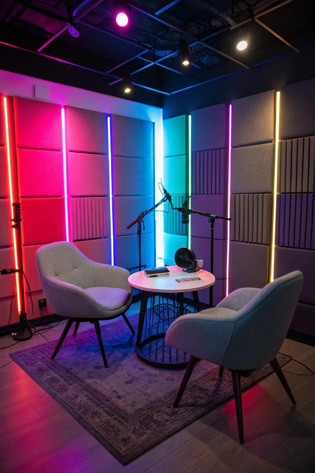 An appealing podcast setup enhanced by colorful lighting.