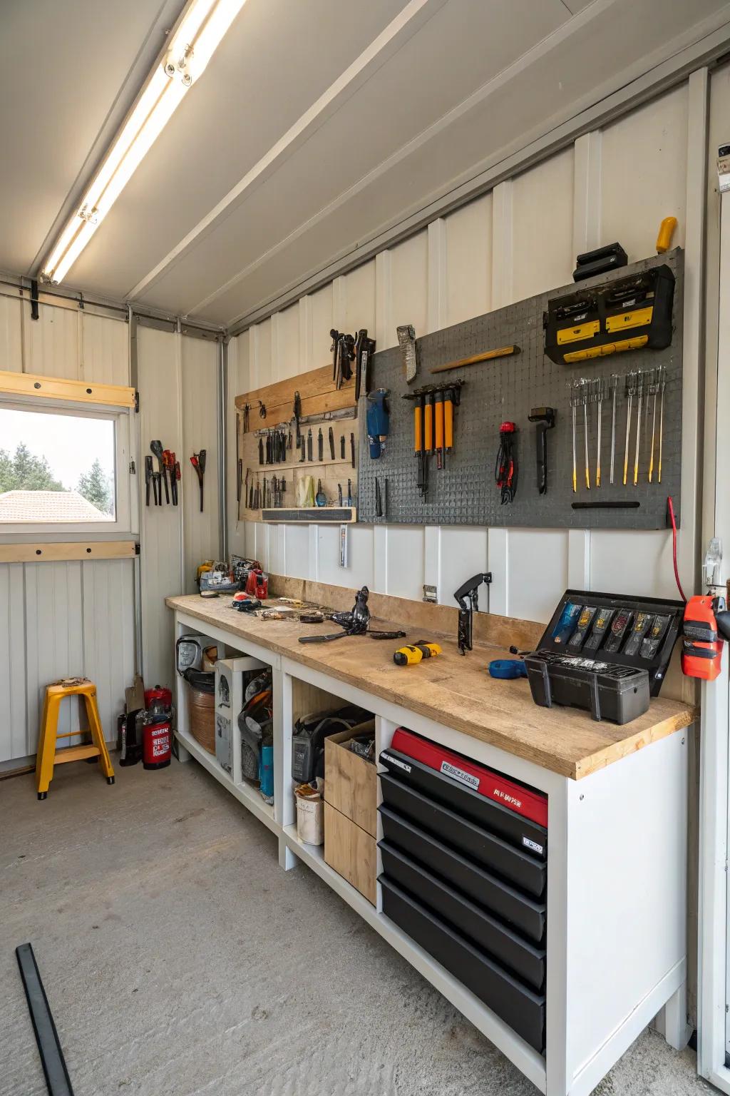 A structured workshop inside a pole barn showcasing neatly arranged instruments.