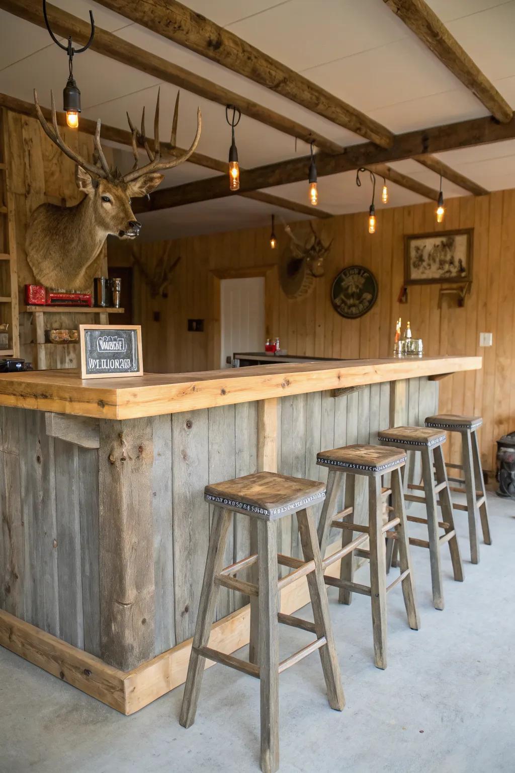A country bar layout introduces both style and practicality to your man cave.