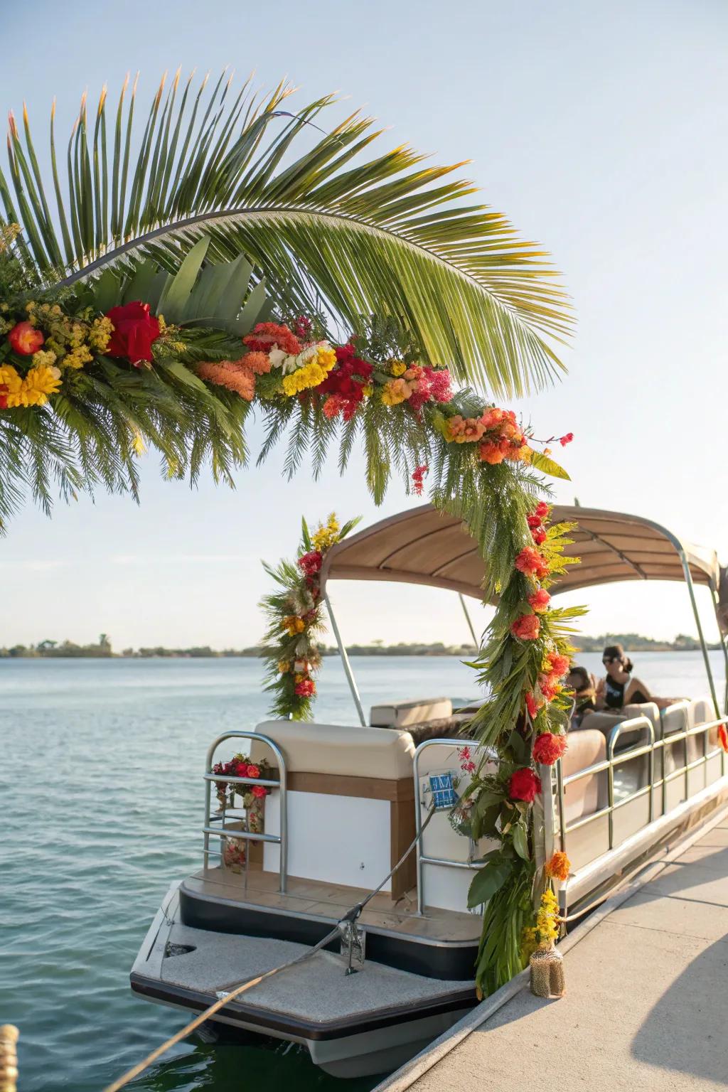 A tropical pontoon featuring lush greenery and bright flowers.