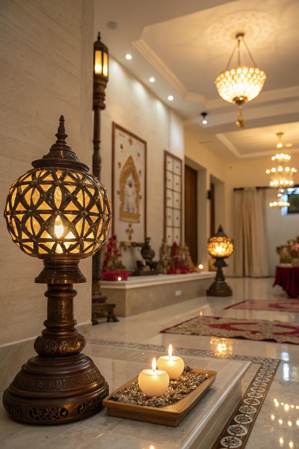 Soft lighting helps to establish an inviting and calm setting within this pooja room.
