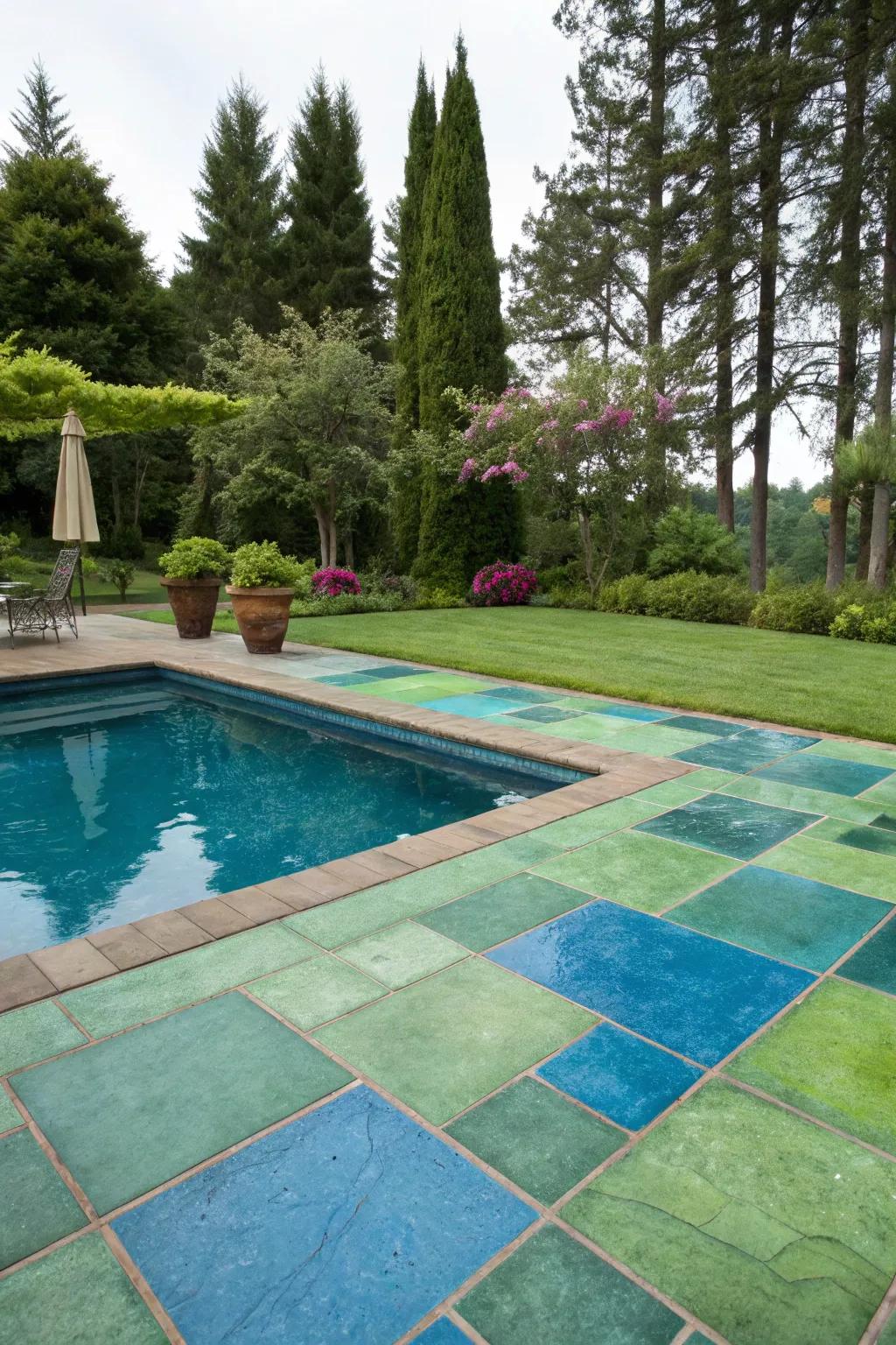 Colored concrete adds an energetic feel to the poolside setting.