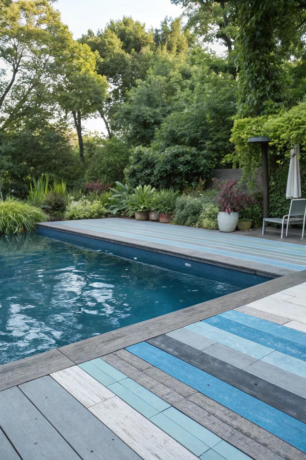 Soothing blues and grays create a peaceful poolside escape.