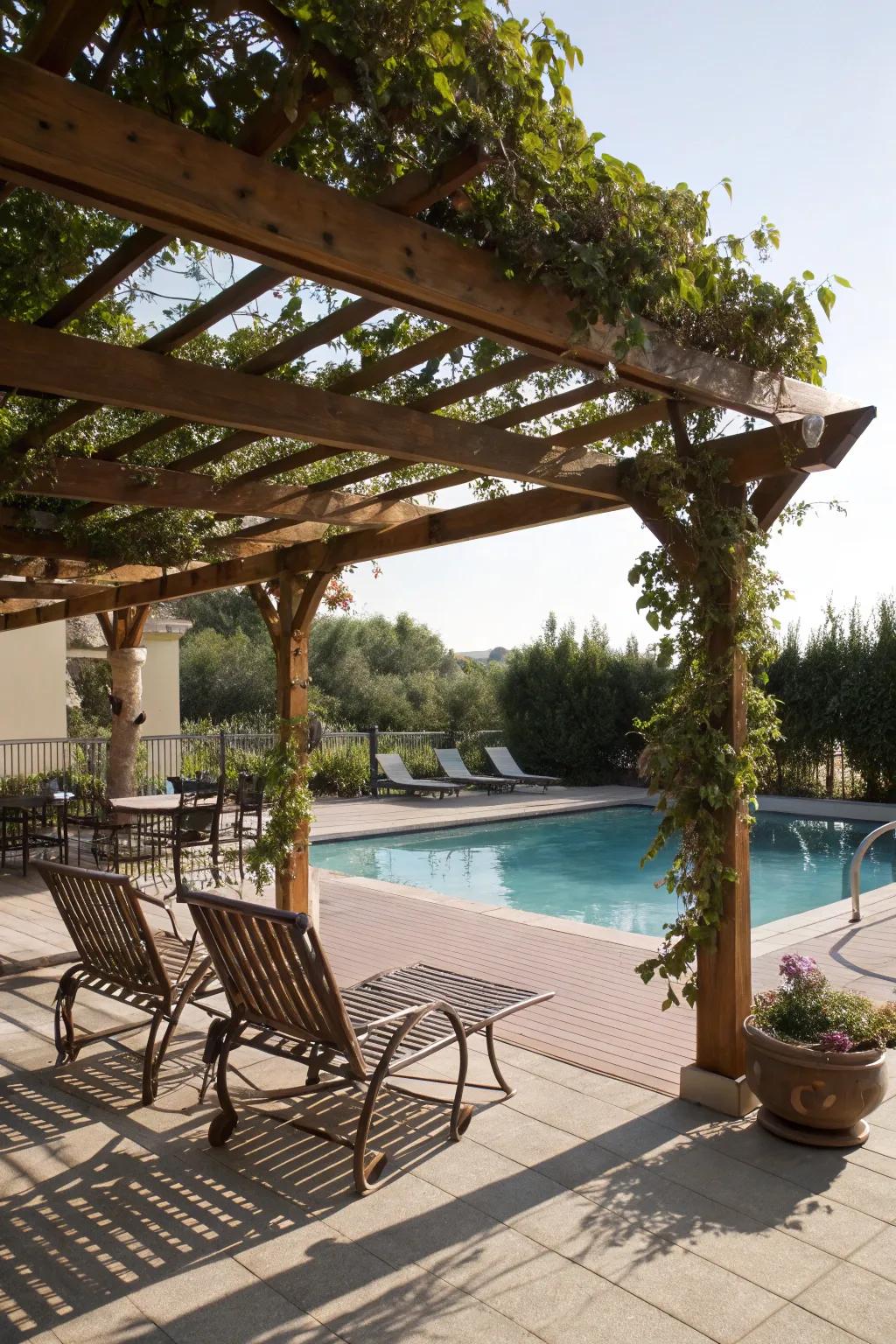 A stylish arbor offers shade and enhances the aesthetic of your pool deck.
