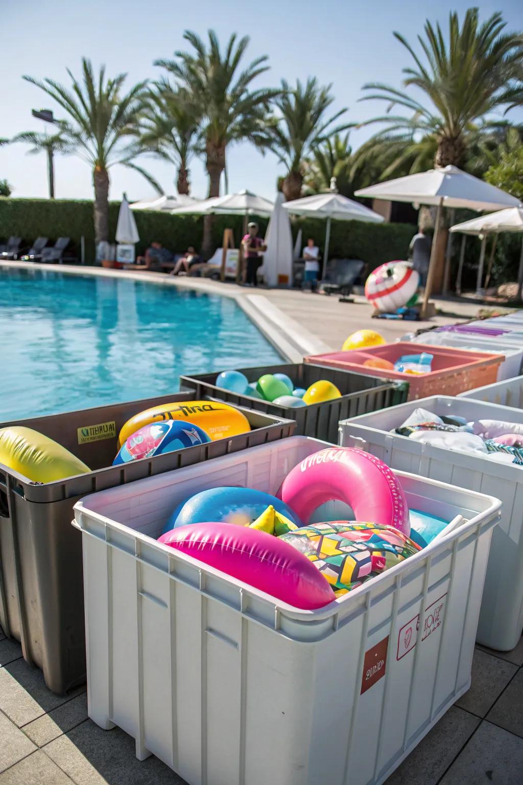 Expansive storage containers maintaining the arrangement and dryness of pool floats.