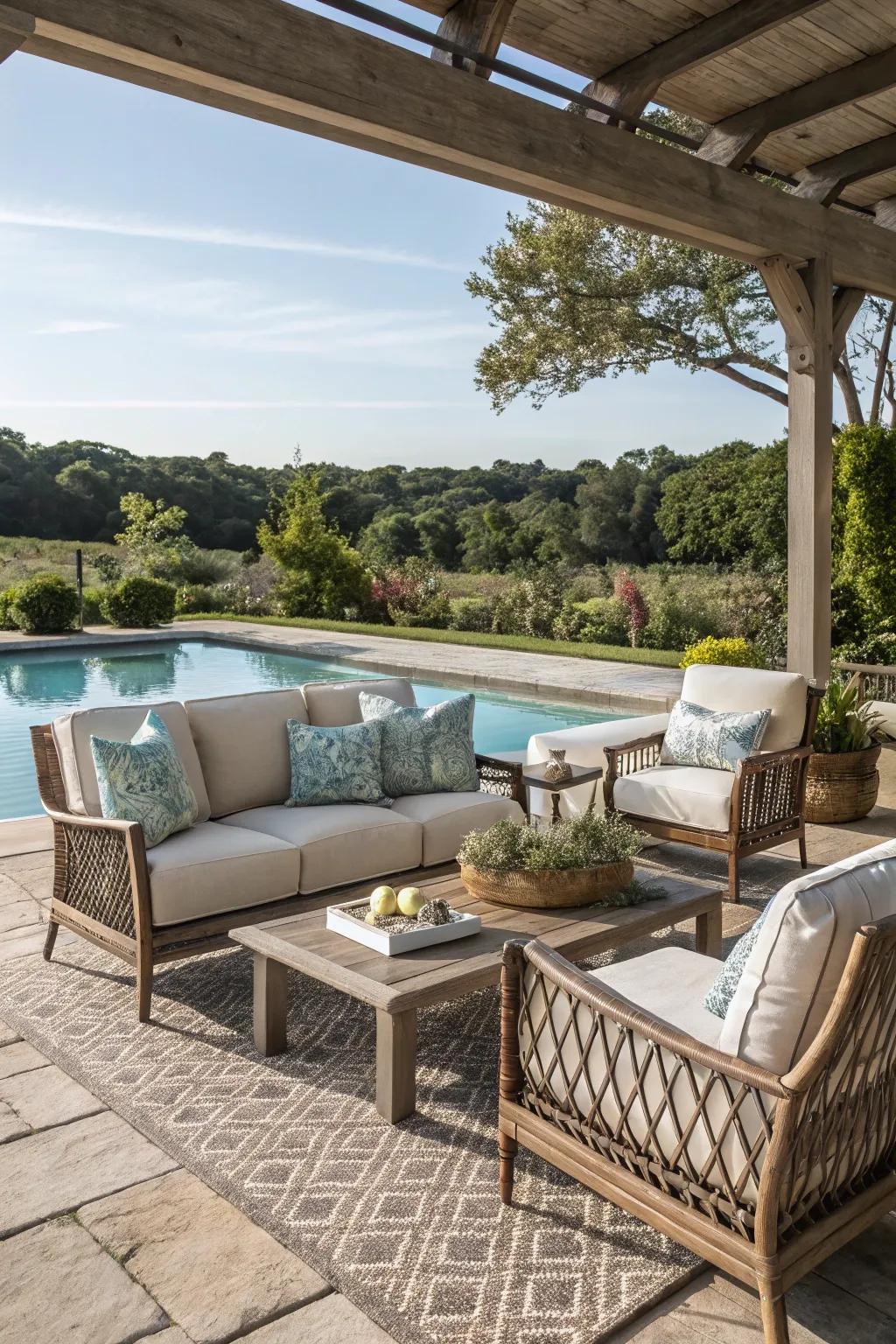 A fully equipped outdoor living room makes your poolside the perfect spot for gatherings.