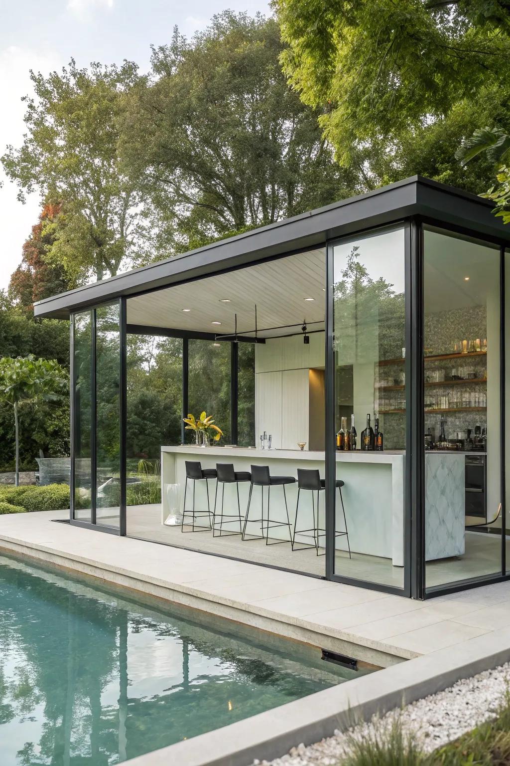 A modern glass house pool house makes a strong visual impact.