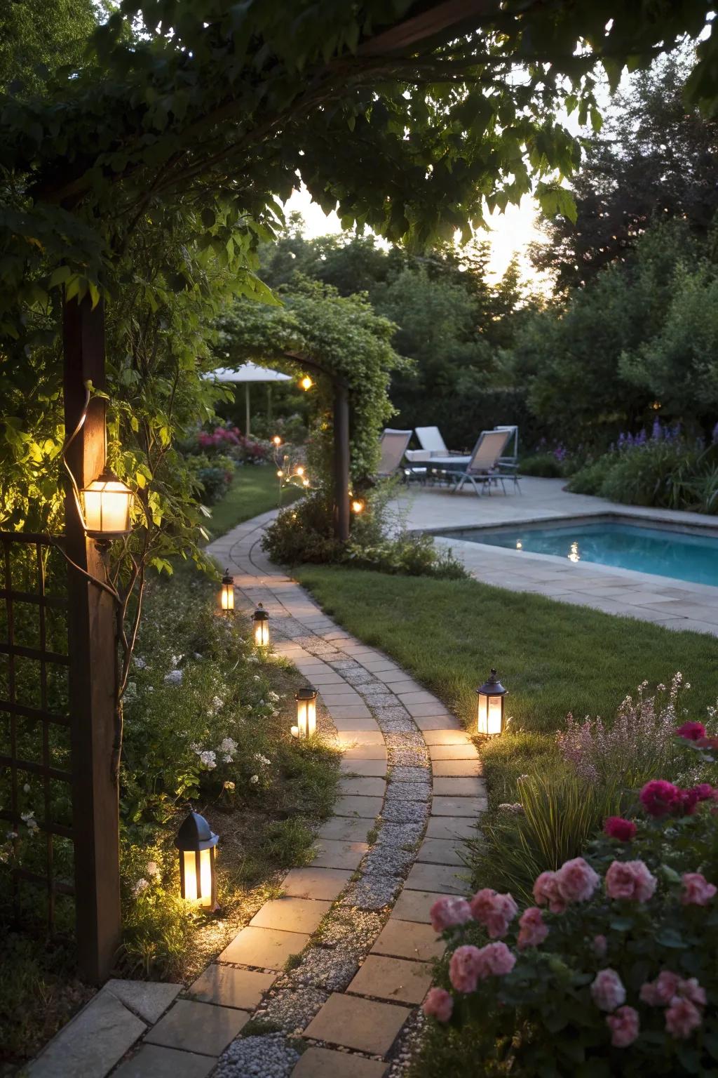 Path lights escort you securely to your pool haven.