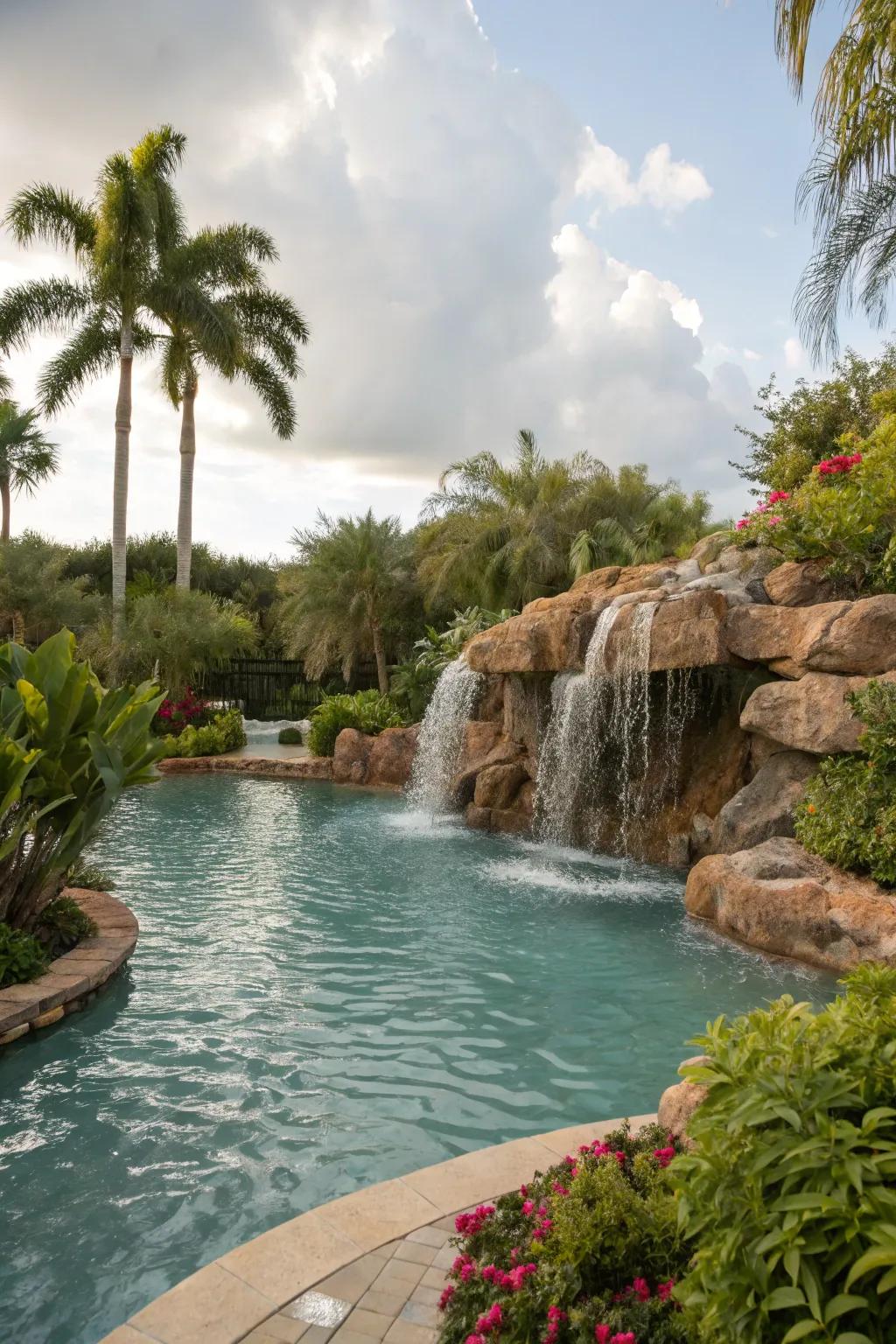 Enhance your pool's atmosphere with the soothing sounds of a cascading descent structure.