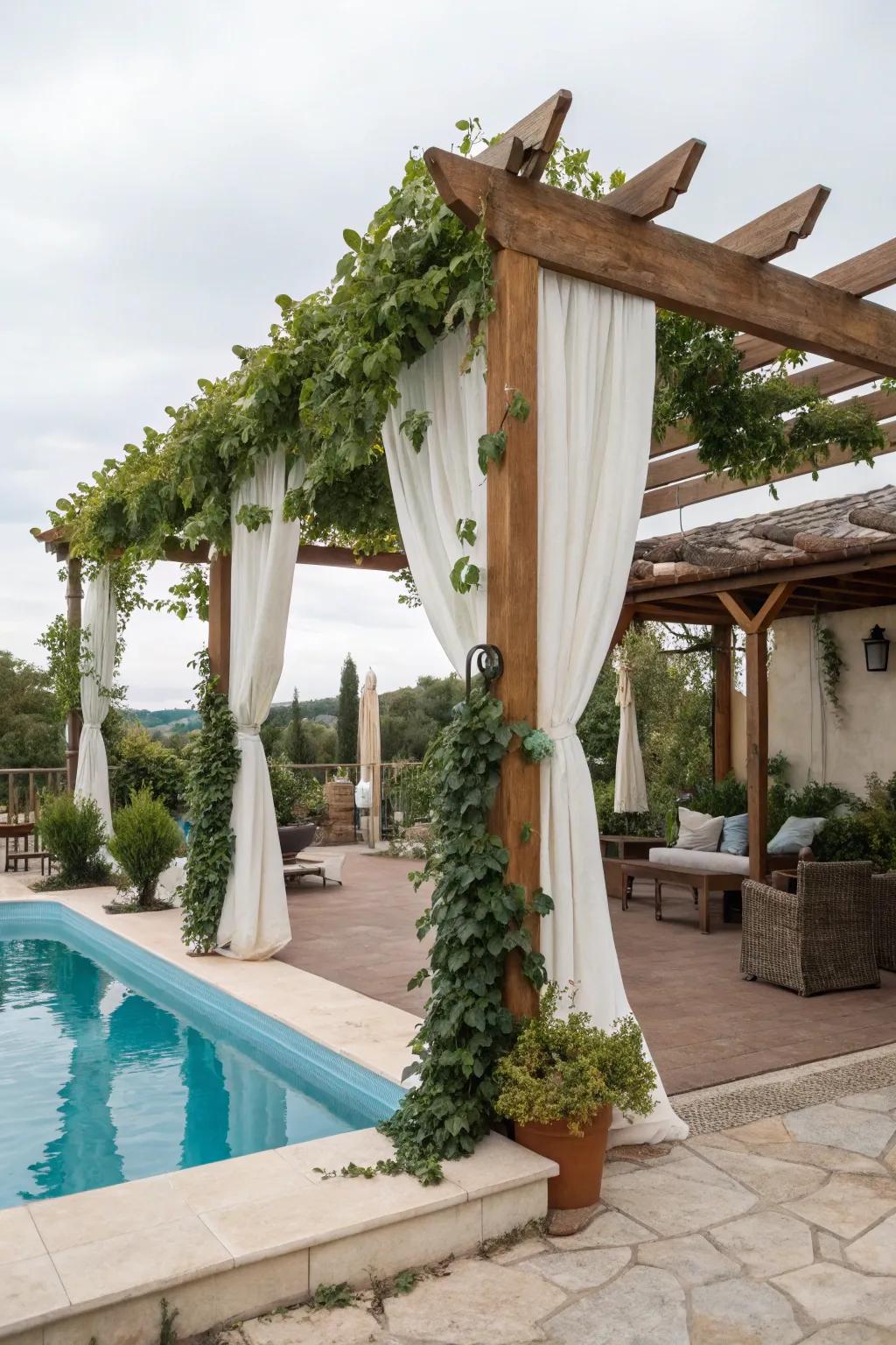 Bring refinement and shade to your poolside with a beautifully draped structure.