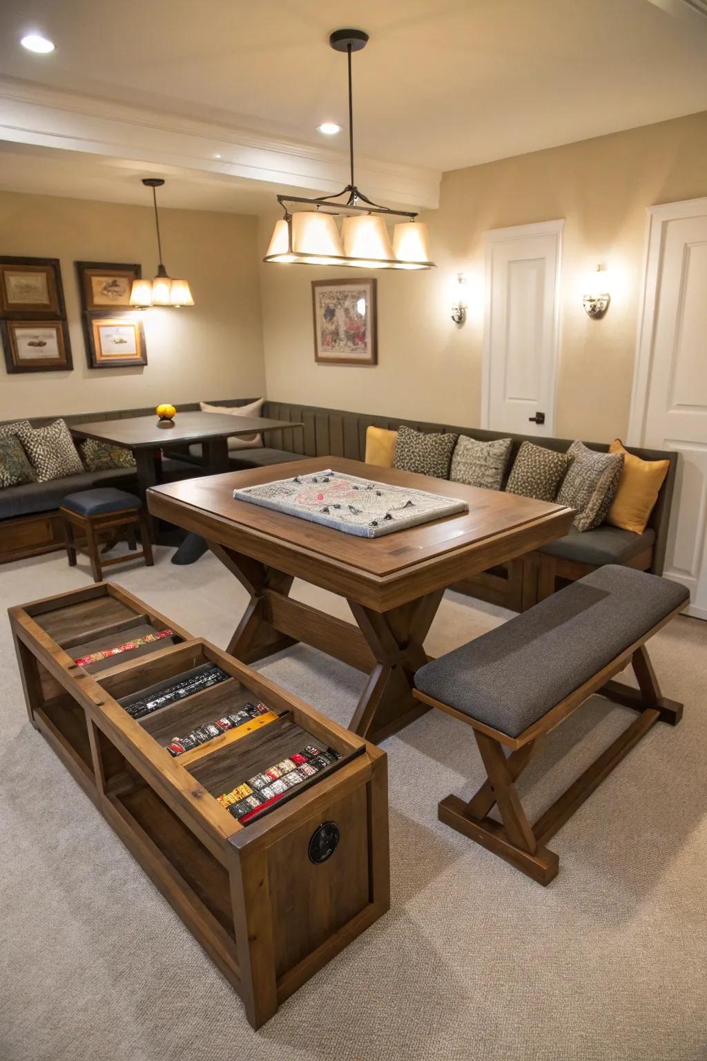 Adaptable furniture introduces function and style to a smaller billiard table area.