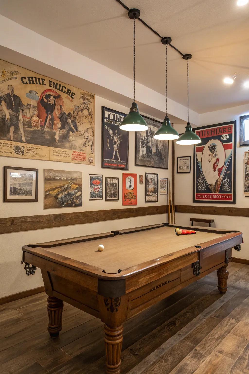 Let your walls tell a story with pictures that match your pool table room.