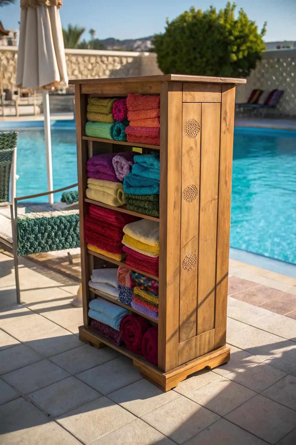 Elegant standalone cabinet for easy towel access.