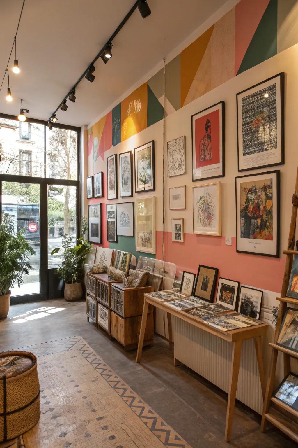 Framed artwork on the walls adds personality and warmth to a pop-up shop.