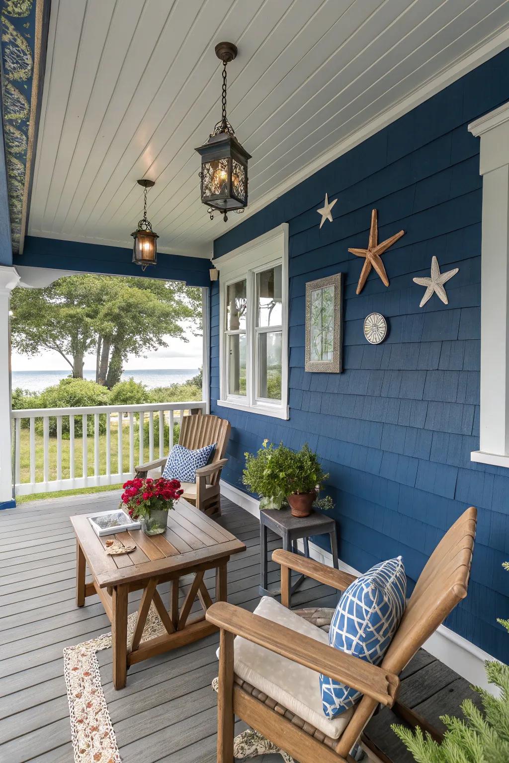 A soothing blue porch that promotes relaxation and coastal allure.