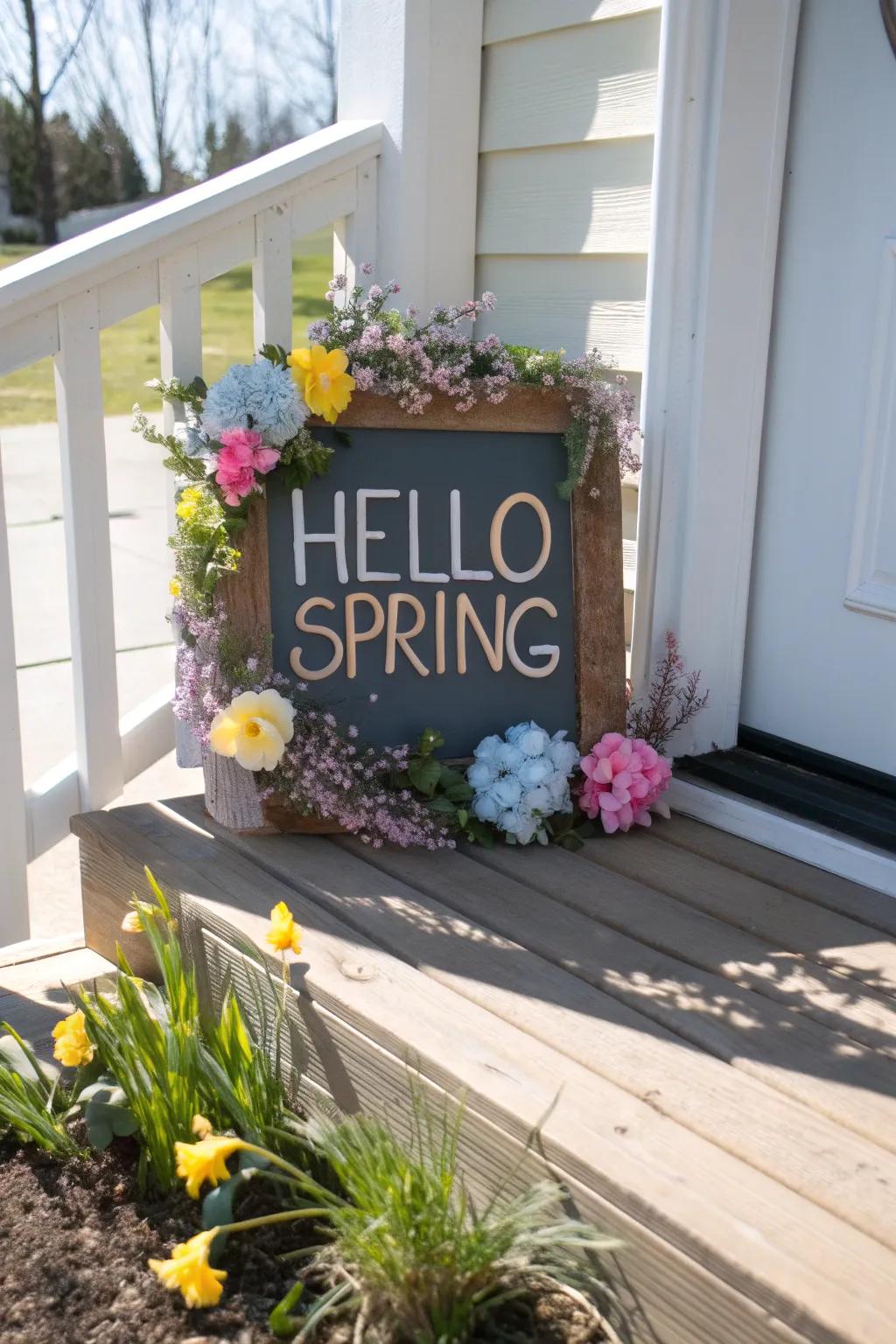 A bright, spring-themed sign offering a warm seasonal welcome.