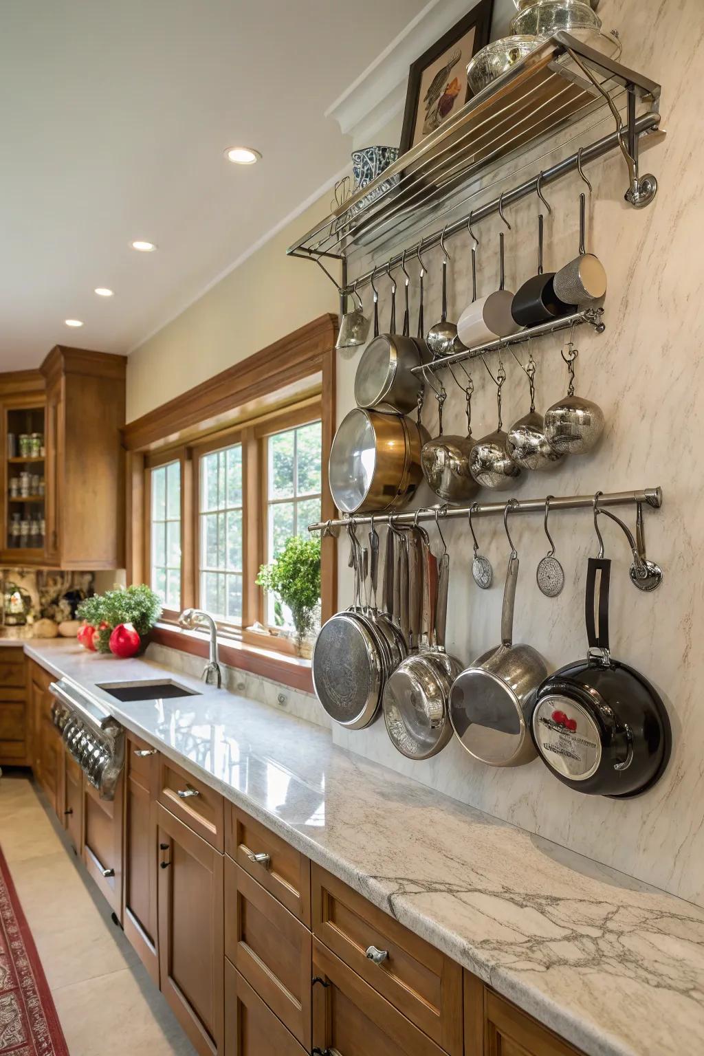 Wall-mounted shelves display pots and pans while saving cabinet space.