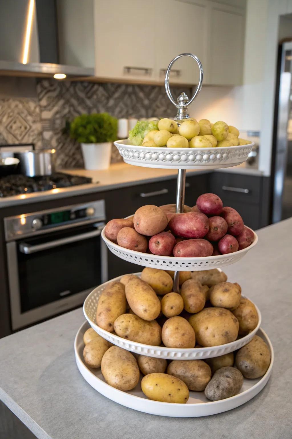 A tiered display presenting a selection of potatoes.