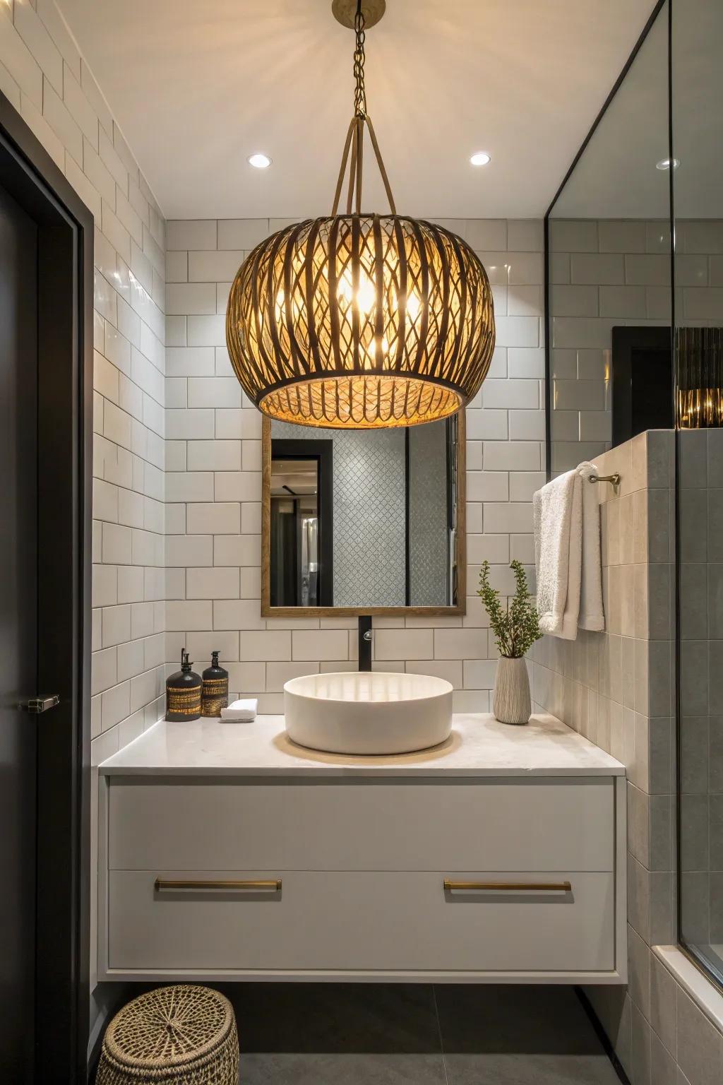 A pendant lamp acts as a fashionable focal point in a contemporary powder room.