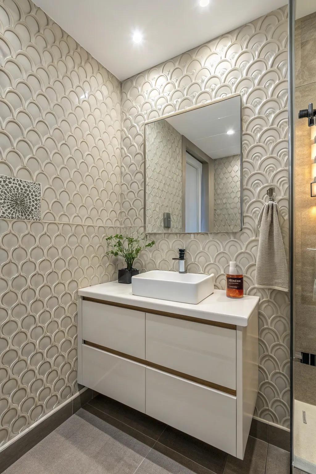 Textured tiling introduces depth and dimension to powder room walls.