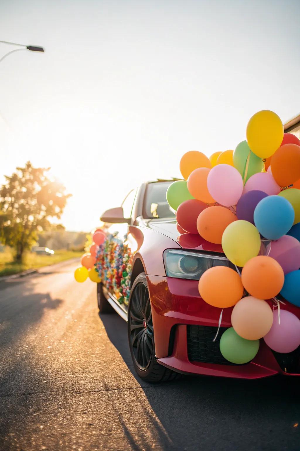 An abundance of balloons adds a cheerful feel to the newlyweds&rsquo; vehicle.
