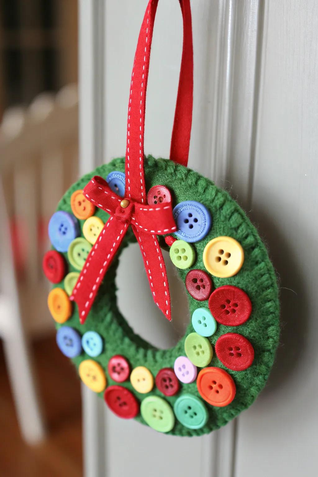 A vibrant button wreath ornament, perfect for adding color to any Christmas tree.