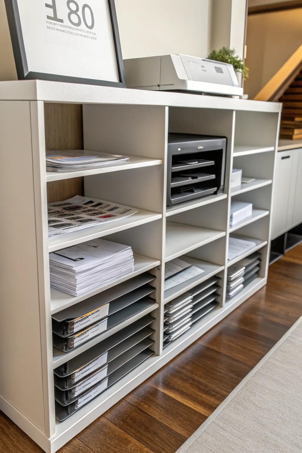 Compartmentalized shelving for an organized paper storage solution.