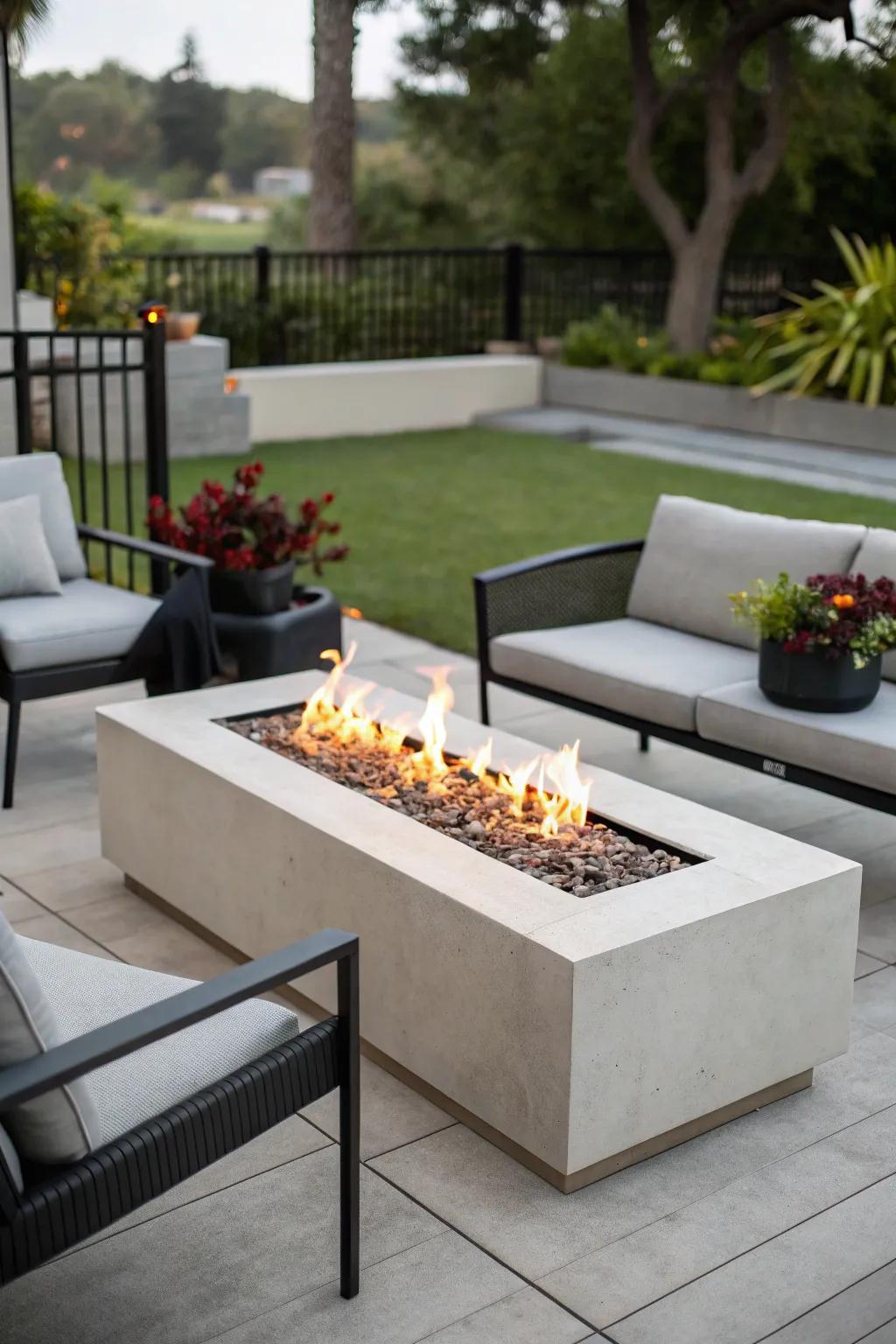 A minimalist, rectangular propane fire pit brings modern sophistication to any patio area.