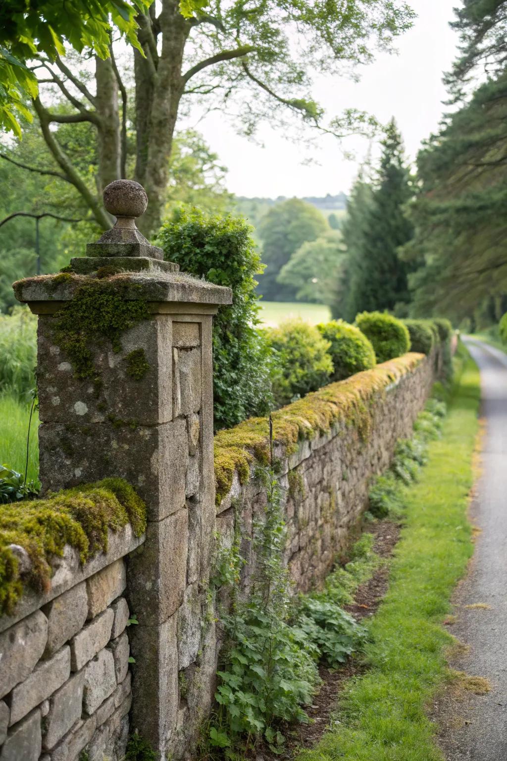 A sturdy stone wall lending a traditional appearance to the property line.