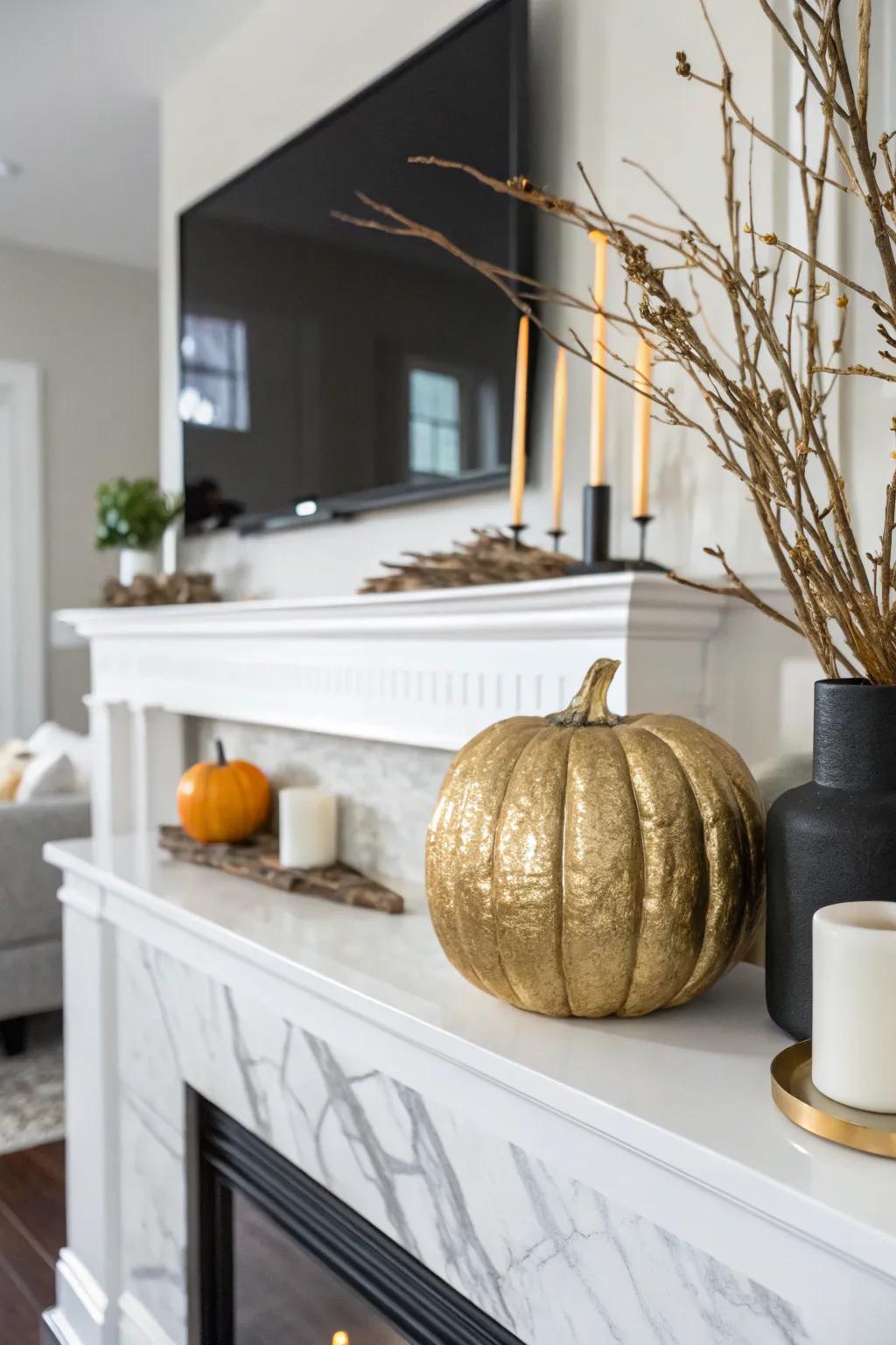 Metallic sheens introduce a touch of opulence to any pumpkin design.