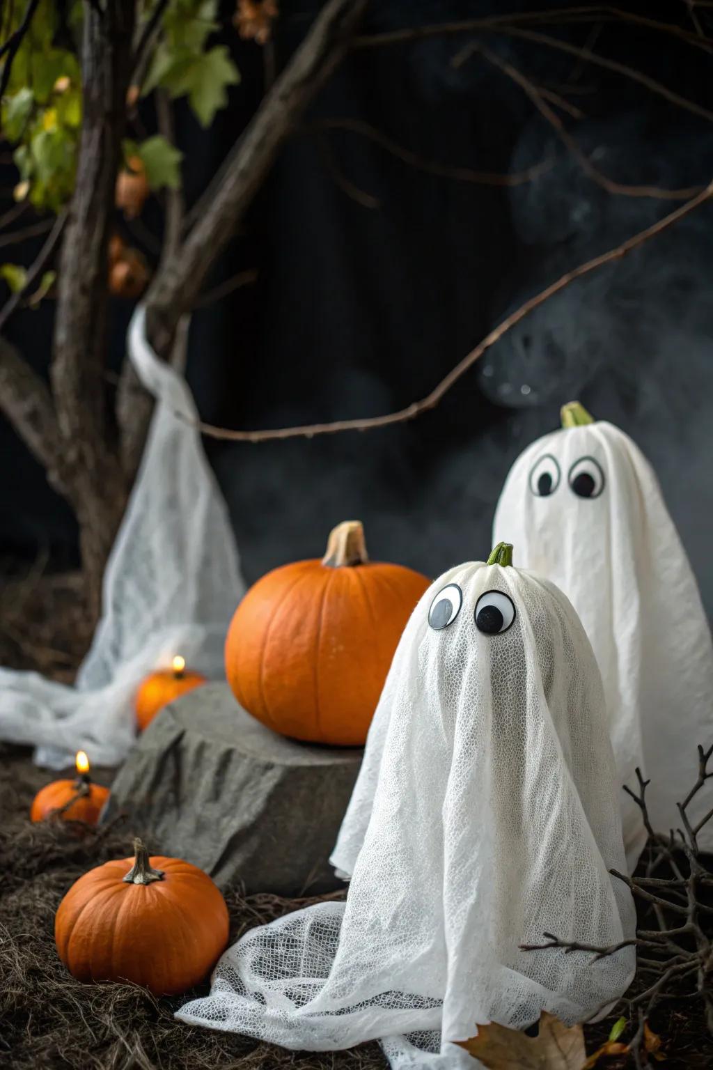 Set a spooky vibe with wrapped figure-style pumpkins.