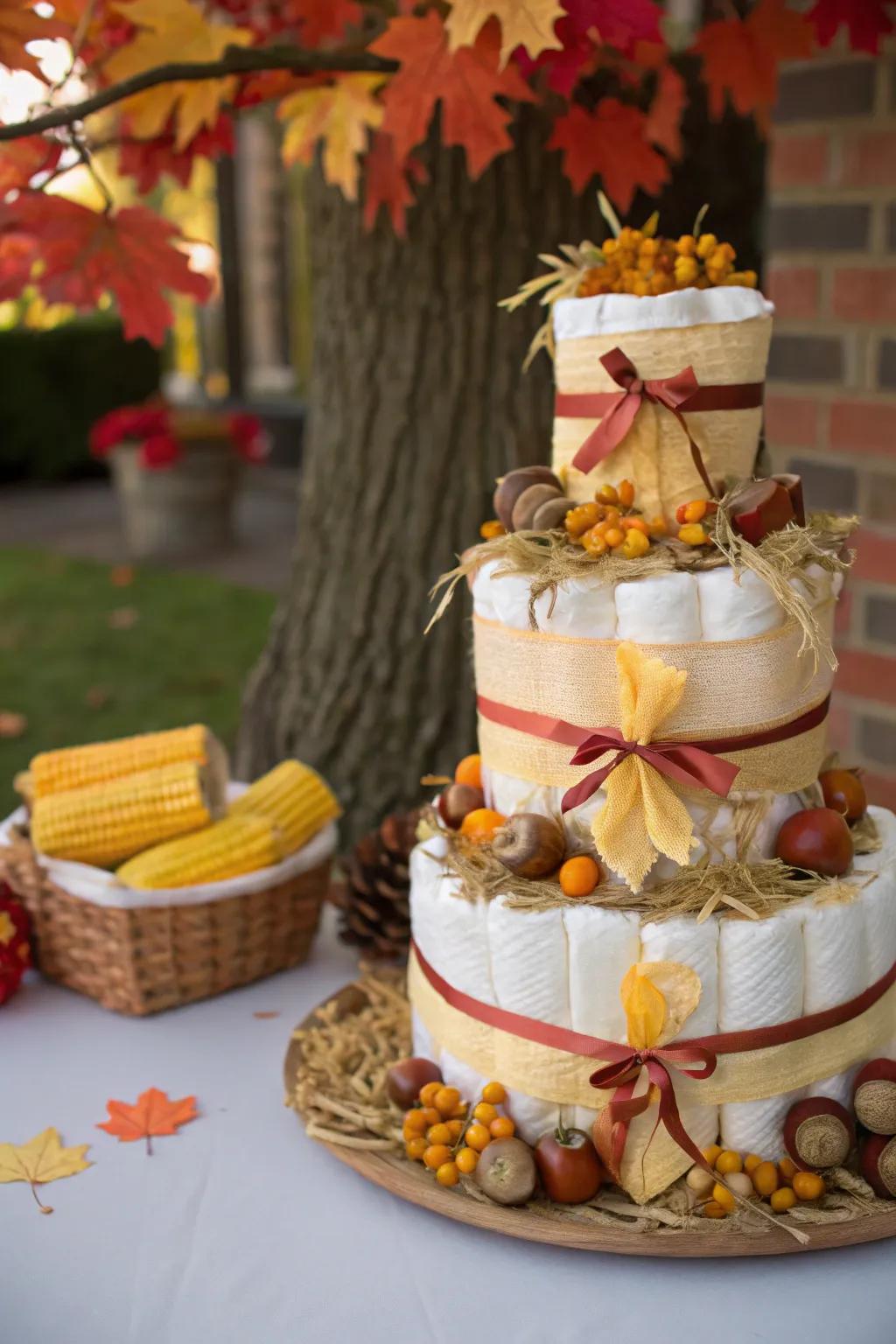 A harvest-themed diaper feature brings a friendly and festive feel to your celebration.