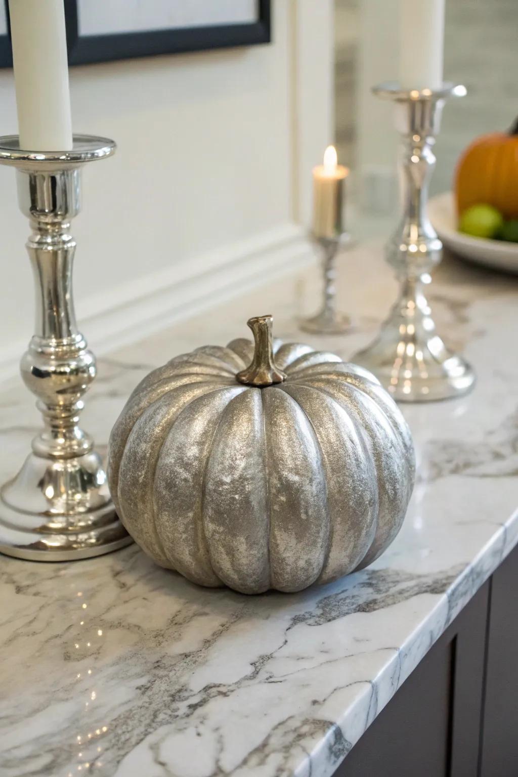 Enhance your decorations with elegant luster-painted pumpkins.