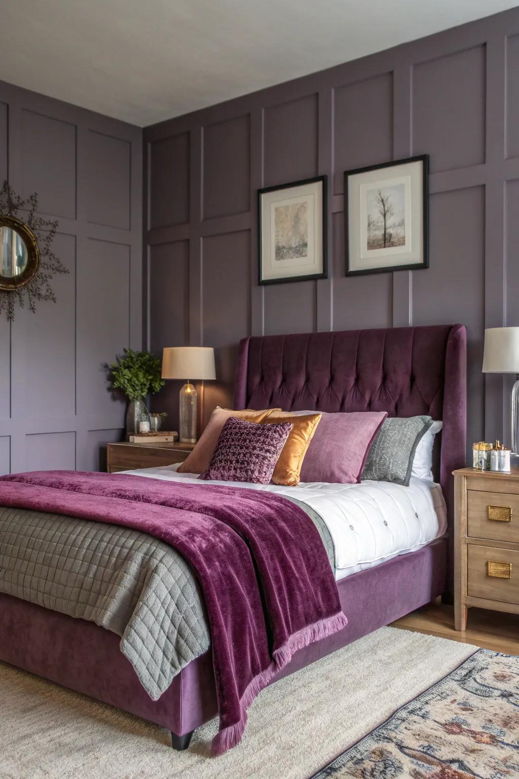 The combination of a remarkable purple accent wall set against gentle grey tones strikes a harmonious balance between theatrical flair and serene tranquility.