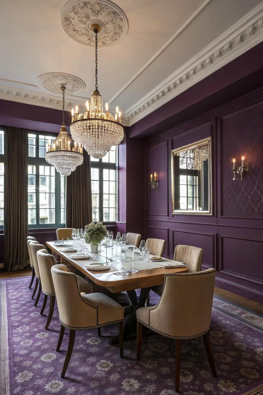 A stylish dining space with rich purple walls establishing a stately mood.